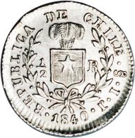 reverse of 1/2 Real (1838 - 1840) coin with KM# 98.1 from Chile. Inscription: REPUBLICA DE CHILE · S · I · J 1/2 R · 1840 ·
