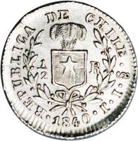 Chile coin 1/2 Real (1838 - 1840) reverse reverse of 1/2 Real (1838 - 1840) coin with KM# 98.1 from Chile. Inscription: REPUBLICA DE CHILE · S · I · J 1/2 R · 1840 ·