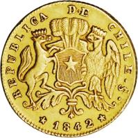obverse of 2 Escudos (1839 - 1851) coin with KM# 102 from Chile.