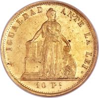 Chile coin 10 Pesos (1854 - 1867) reverse reverse of 10 Pesos (1854 - 1867) coin with KM# 131 from Chile. Inscription: * IGUALDAD ANTE LA LEI · 10 Ps.