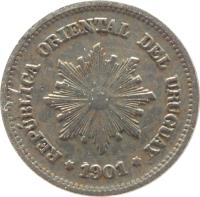 obverse of 1 Centésimo (1901 - 1936) coin with KM# 19 from Uruguay. Inscription: REPÚBLICA ORIENTAL DEL URUGUAY 1901