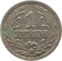 reverse of 1 Centésimo (1901 - 1936) coin with KM# 19 from Uruguay. Inscription: 1 CENTÉSIMO