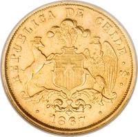 obverse of 5 Pesos (1867 - 1873) coin with KM# 144 from Chile.