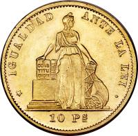 Chile coin 10 Pesos (1867 - 1892) reverse reverse of 10 Pesos (1867 - 1892) coin with KM# 145 from Chile.