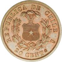 Chile coin 20 Centavos (1867) reverse reverse of 20 Centavos (1867) coin with KM# Pn11 from Chile. Inscription: 20 CENTS