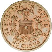 reverse of 20 Centavos (1867) coin with KM# Pn11 from Chile. Inscription: 20 CENTS