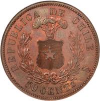 Chile coin 50 Centavos (1867) reverse reverse of 50 Centavos (1867) coin with KM# Pn12 from Chile. Inscription: 50 CENTS So
