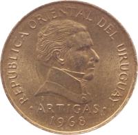 obverse of 1 Peso (1968) coin with KM# 49 from Uruguay. Inscription: REPUBLICA ORIENTAL DEL URUGUAY ARTIGAS 1968