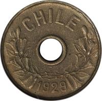 obverse of 20 Centavos (1929) coin with KM# Pn50 from Chile. Inscription: 1929