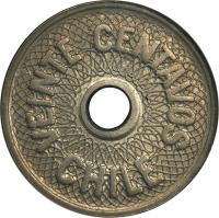 Chile coin 20 Centavos (1930) reverse reverse of 20 Centavos (1930) coin with KM# Pn55 from Chile. Inscription: CHILE