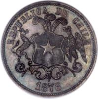 Chile coin 10 Pesos (1835 - 1878) reverse reverse of 10 Pesos (1835 - 1878) coin with KM# PnA24 from Chile. Inscription: 1878