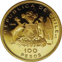 Chile coin 100 Pesos - 150th Anniversary of National Coinage (1968) obverse obverse of 100 Pesos - 150th Anniversary of National Coinage (1968) coin with KM# 185 from Chile. Inscription: REPUBLICA DE CHILE 1968 So POR LA RAZONOLA FUERZA 100 PESOS