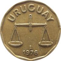 obverse of 50 Centésimos (1976 - 1981) coin with KM# 68 from Uruguay. Inscription: URUGUAY So 1976