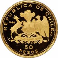 obverse of 50 Pesos - 150th Anniversary of Military Academy (1968) coin with KM# 184 from Chile. Inscription: REPUBLICA DE CHILE °S 1968 POR LA RAZON O LA FUERZA 50 PESOS