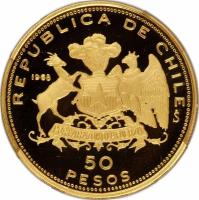 Chile coin 50 Pesos - 150th Anniversary of Military Academy (1968) obverse obverse of 50 Pesos - 150th Anniversary of Military Academy (1968) coin with KM# 184 from Chile. Inscription: REPUBLICA DE CHILE °S 1968 POR LA RAZON O LA FUERZA 50 PESOS