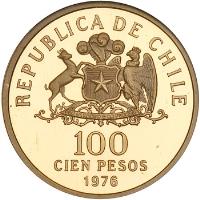 obverse of 100 Pesos - 3rd Anniversary of Chile's Liberation (1976) coin with KM# 213 from Chile. Inscription: REPUBLICA DE CHILE 100 PESOS 1976