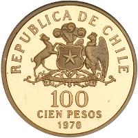 Chile coin 100 Pesos - 3rd Anniversary of Chile's Liberation (1976) obverse obverse of 100 Pesos - 3rd Anniversary of Chile's Liberation (1976) coin with KM# 213 from Chile. Inscription: REPUBLICA DE CHILE 100 PESOS 1976