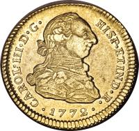 obverse of 2 Escudos - Carlos III (1772 - 1776) coin with KM# 49 from Colombia. Inscription: CAROL · III · D · G · HISP · ET IND · R · · 1780 ·