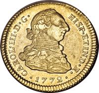 Colombia coin 2 Escudos - Carlos III (1772 - 1776) obverse obverse of 2 Escudos - Carlos III (1772 - 1776) coin with KM# 49 from Colombia. Inscription: CAROL · III · D · G · HISP · ET IND · R · · 1780 ·