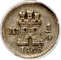 Colombia coin 1/4 Real - Carlos IV (1796 - 1808) reverse reverse of 1/4 Real - Carlos IV (1796 - 1808) coin with KM# 63 from Colombia.