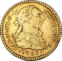obverse of 1 Escudo - Carlos III (1772 - 1784) coin with KM# 48 from Colombia. Inscription: CAROL.III.D.G. HISP.ET IND.R. .1781.
