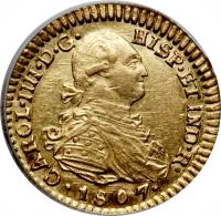 obverse of 1 Escudo - Carlos III (1792 - 1808) coin with KM# 56 from Colombia. Inscription: HISP.ET IND.R. .1806. CAROL.III.D.G.