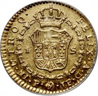 Colombia coin 1 Escudo - Carlos III (1792 - 1808) reverse reverse of 1 Escudo - Carlos III (1792 - 1808) coin with KM# 56 from Colombia. Inscription: IN.UTROQ. FELIX.A.D. P.JF 1 S