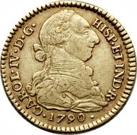 obverse of 2 Escudos - Carlos IV (1789 - 1791) coin with KM# 51 from Colombia. Inscription: HISP.ET IND.R. .1791. CAROL.III.D.G.