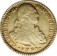 obverse of 2 Escudos - Carlos IV (1791) coin with KM# 60 from Colombia.