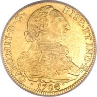 Colombia coin 8 Escudos - Carlos III (1785 - 1789) obverse obverse of 8 Escudos - Carlos III (1785 - 1789) coin with KM# 50a from Colombia.