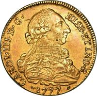 Colombia coin 8 Escudos - Carlos III (1772) obverse obverse of 8 Escudos - Carlos III (1772) coin with KM# 50 from Colombia.