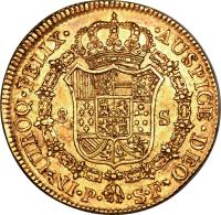 Colombia coin 8 Escudos - Carlos III (1772) reverse reverse of 8 Escudos - Carlos III (1772) coin with KM# 50 from Colombia.