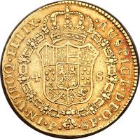 Colombia coin 4 Escudos - Carlos III (1773 - 1783) reverse reverse of 4 Escudos - Carlos III (1773 - 1783) coin with KM# 44 from Colombia.