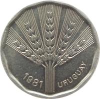 obverse of 2 Nuevos Pesos - FAO (1981) coin with KM# 77 from Uruguay. Inscription: 1981 URUGUAY