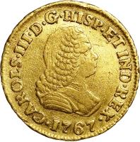 Colombia coin 1 Escudo - Carlos III (1760 - 1769) obverse obverse of 1 Escudo - Carlos III (1760 - 1769) coin with KM# 35 from Colombia.