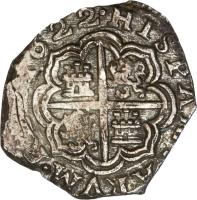 Colombia coin 2 Reales - Felipe IV (1622 - 1634) reverse reverse of 2 Reales - Felipe IV (1622 - 1634) coin with KM# A6 from Colombia.