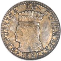 obverse of 1 Real (1821) coin with KM# B9 from Colombia.
