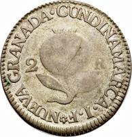 reverse of 2 Reales (1815 - 1816) coin with KM# C4 from Colombia.