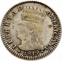 obverse of 1 Real (1819) coin with KM# 75 from Colombia.