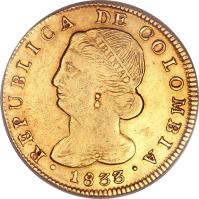 obverse of 8 Escudos (1822 - 1838) coin with KM# 82 from Colombia.