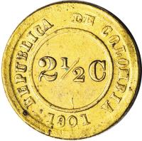 Colombia coin 2 1/2 Centavos - Leprosarium Coinage (1901) reverse reverse of 2 1/2 Centavos - Leprosarium Coinage (1901) coin with KM# L1 from Colombia. Inscription: REPUBLICA DE COLOMBIA 2½ C 1901