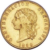 obverse of 10 Pesos (1858 - 1862) coin with KM# 129 from Colombia.
