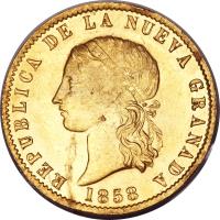 obverse of 10 Pesos (1857 - 1858) coin with KM# 122 from Colombia.