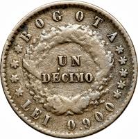 reverse of 1 Décimo (1861) coin with KM# 137 from Colombia.