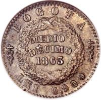 reverse of 1/2 Decimo (1863 - 1865) coin with KM# 144 from Colombia.