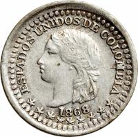 obverse of 1/2 Decimo (1868 - 1878) coin with KM# 150 from Colombia. Inscription: ESTADOS UNIDOS DE COLOMBIA 1868