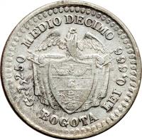 reverse of 1/2 Decimo (1868 - 1878) coin with KM# 150 from Colombia. Inscription: G.1,250 MEDIO DECIMO ROGOTA LEI 0,666