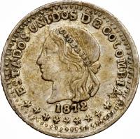 obverse of 1/2 Decimo (1870 - 1875) coin with KM# 150a from Colombia.