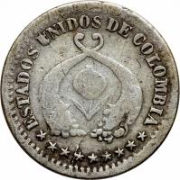 obverse of 1/2 Decimo (1867) coin with KM# 144a from Colombia.