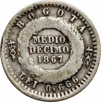 reverse of 1/2 Decimo (1867) coin with KM# 144a from Colombia.